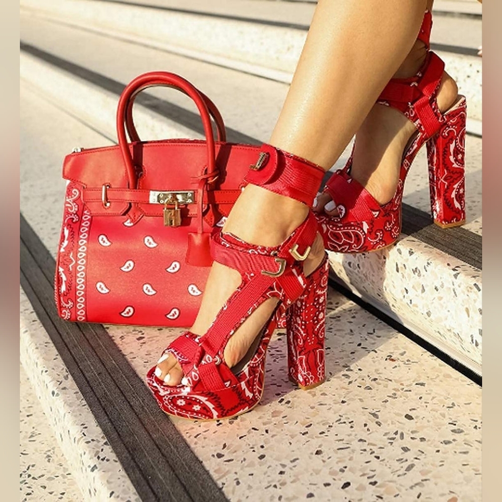 Red Bandana Open Toe Strappy Chunky High Heel (used)